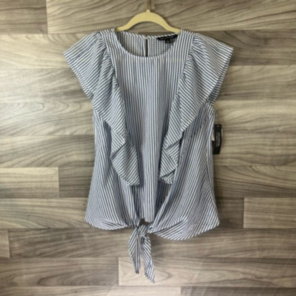 Zac & Rachel Womens Twist Front Top Blue‎ Short Sleeve Keyhole Ruffles S New